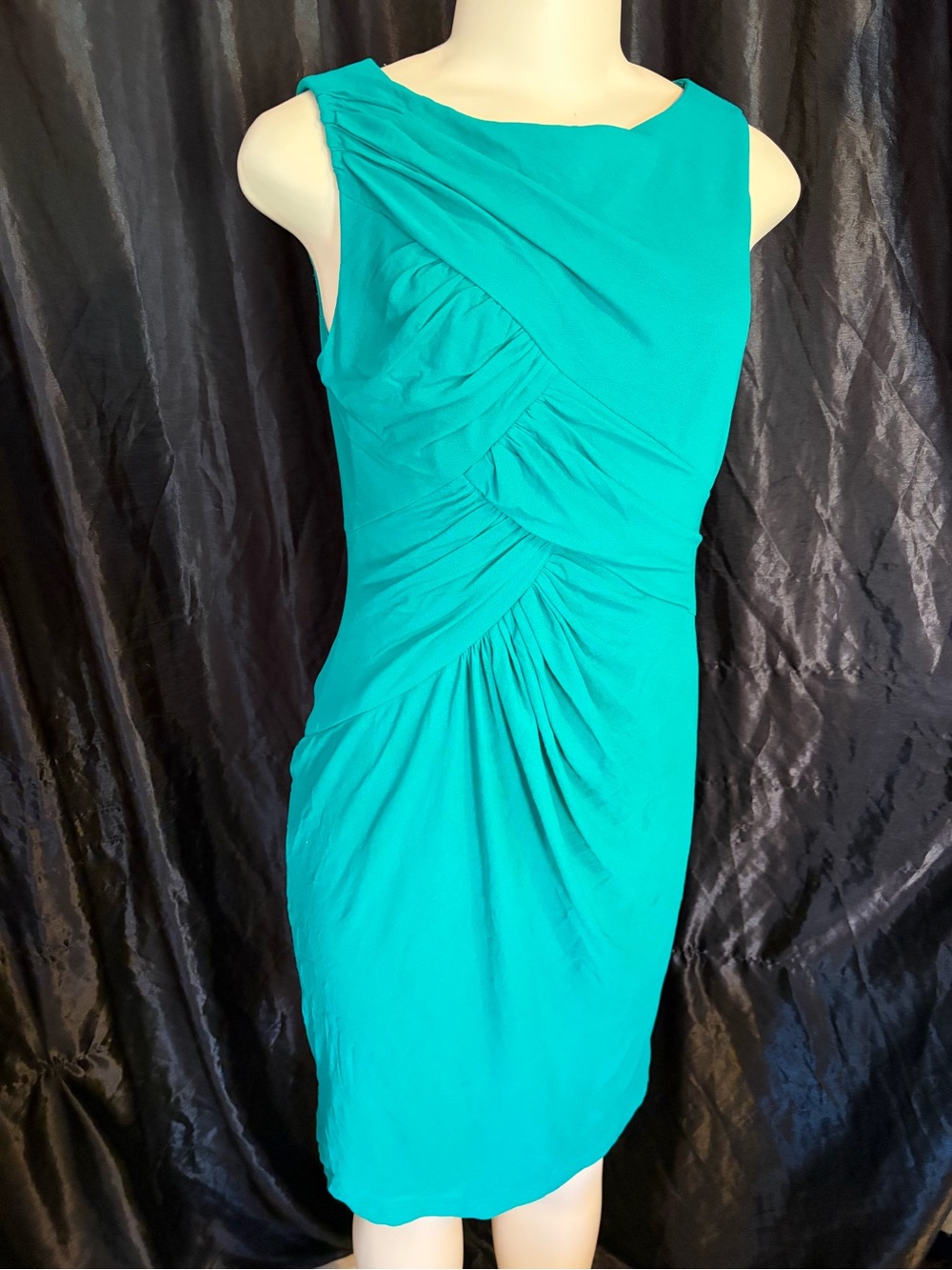 Adrianna Papell Teal Ruched Sheath Midi Dress